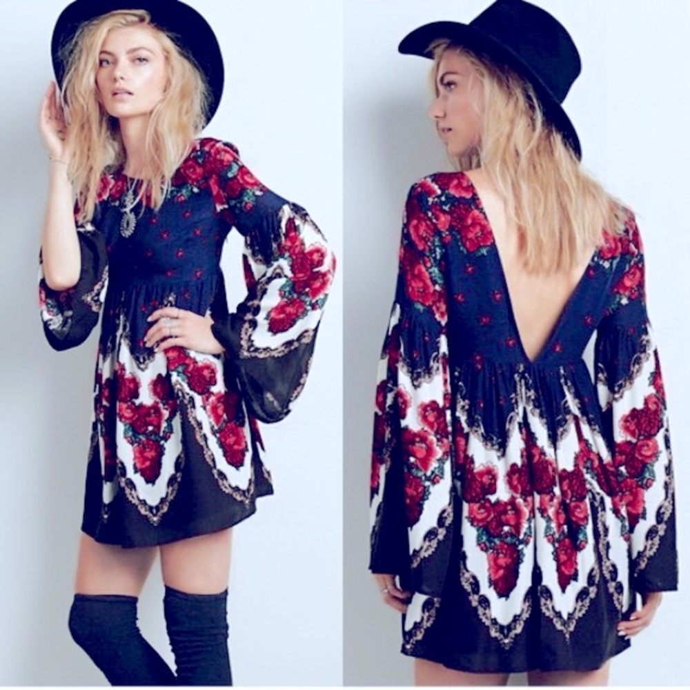 Free People Free Falling Tapestry Print Mini Dress Boho Navy/Black Women’s Small